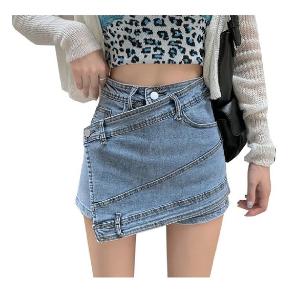 Blue Denim Skort Asymmetric High Rise Skirt Shorts combo 5 Pockets School Casual - Picture 12 of 13